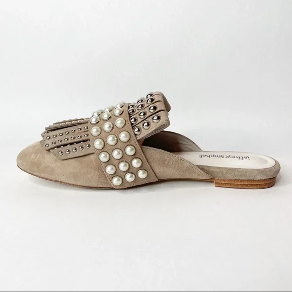 NWOB Jeffrey Campbell Ravis Pearl Studded Embellished Fringe Taupe Suede Mules - Picture 5 of 10